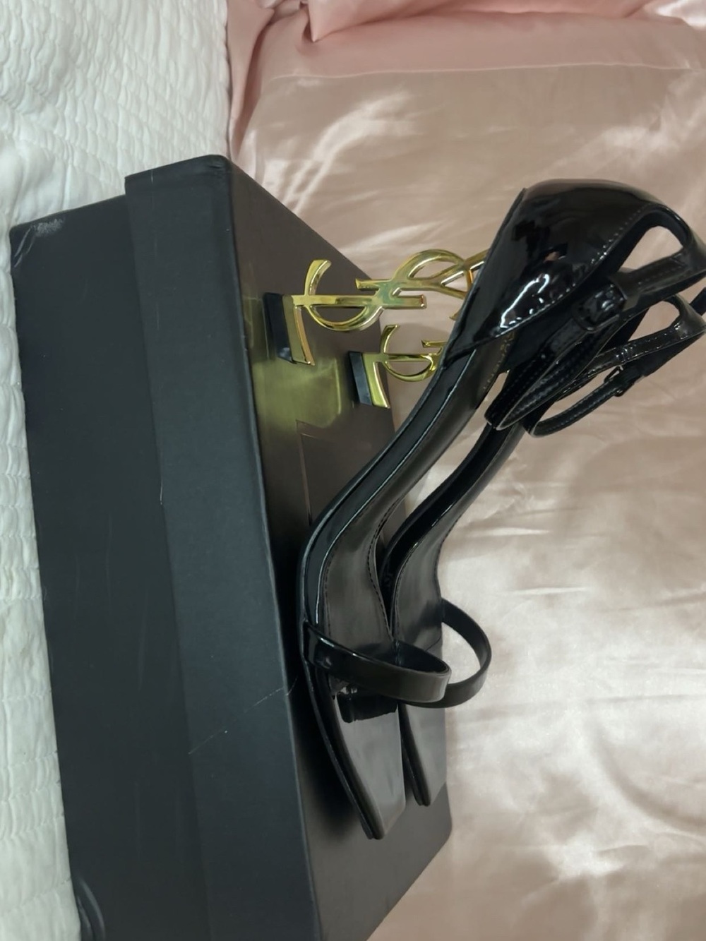Yves Saint Laurent Black Patent Heeled Sandals with Gold YSL Logo